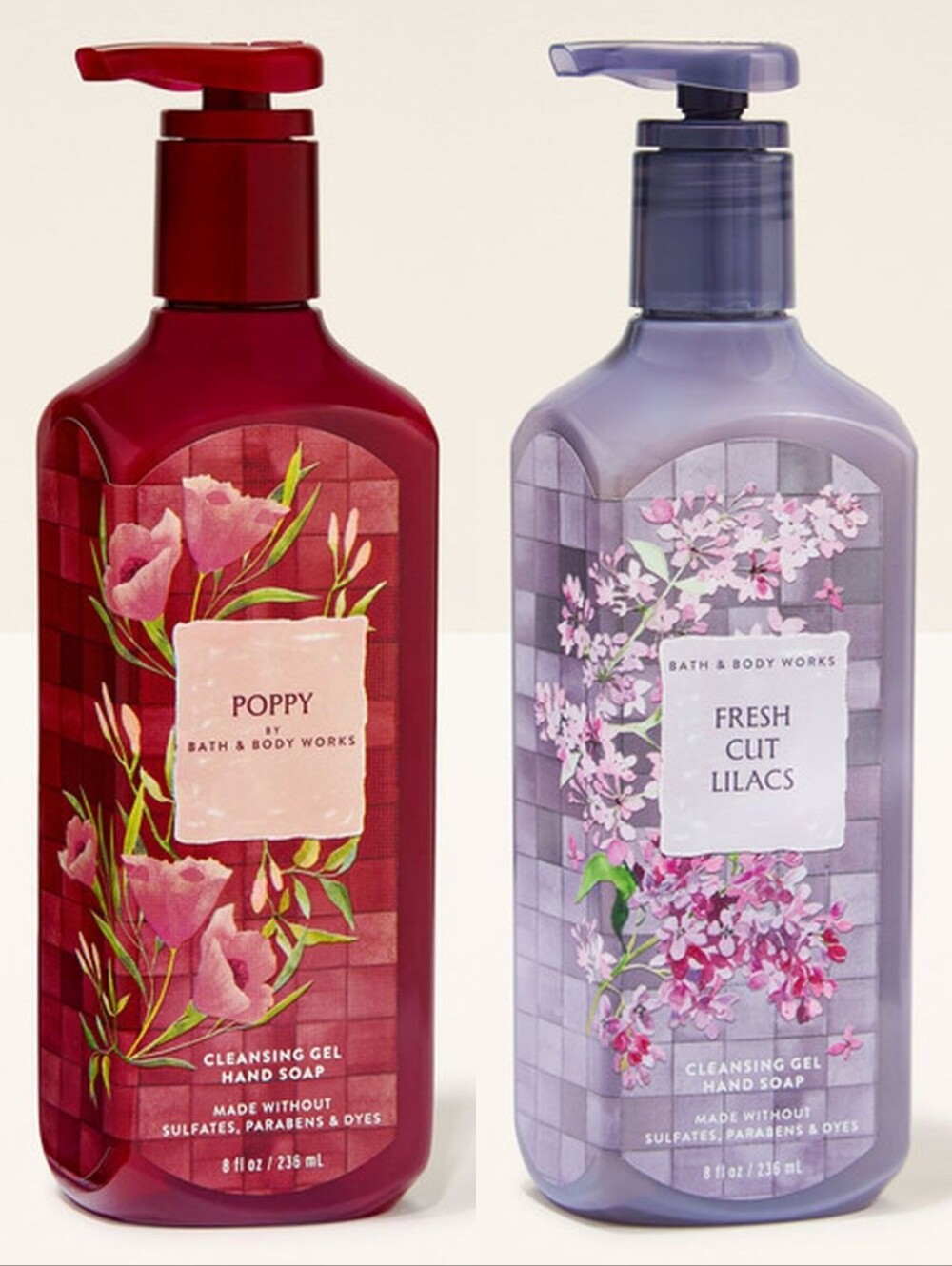 Bath Body Works Poppy Red & Fresh Cut Lilacs Purple Cleansing Gel Hand Soap Set